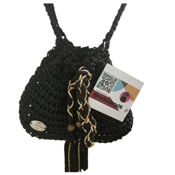 Hand Crafted Crochet Bucket Bag Tassel Beaded Drawstring Crossbody Purse Black - Picture 3 of 17